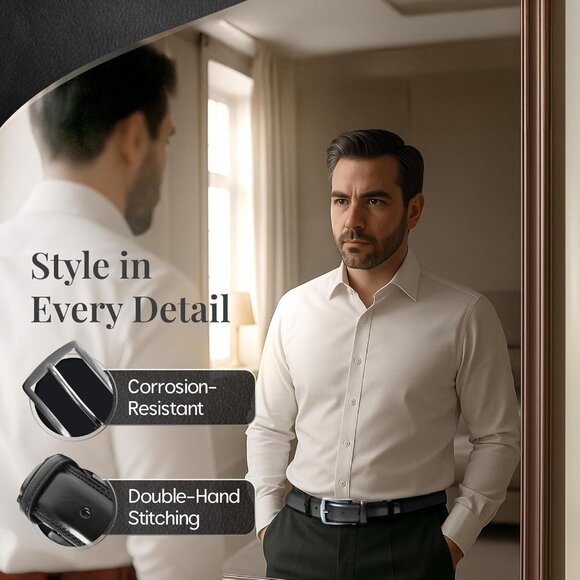 Genuine Black Leather Dress Belt for Men Tan Mens Belt for Suits Jeans Uniform - Picture 3 of 7